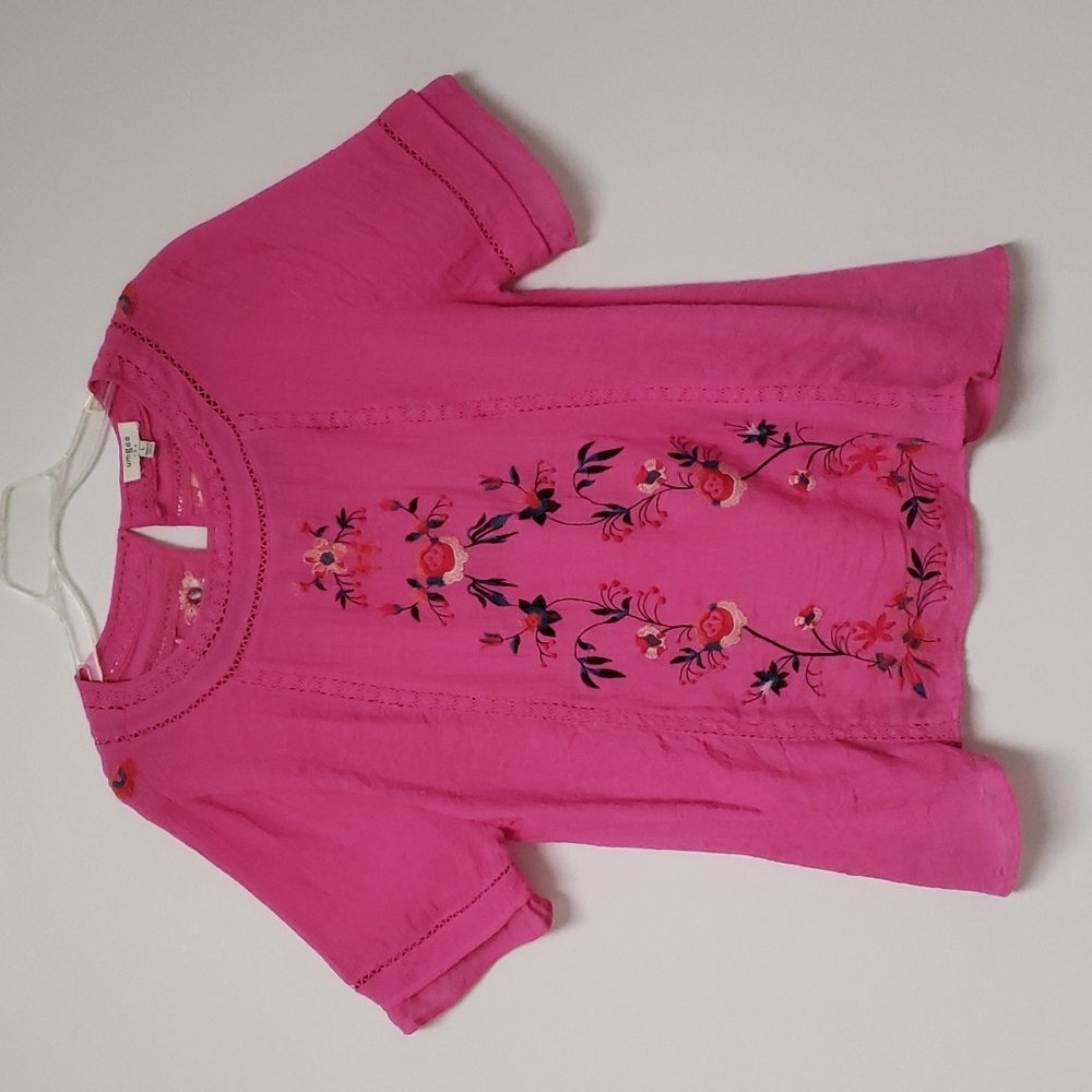 Umgee Fuschia Embroidered Boho Blouse Floral‎ Size Large
